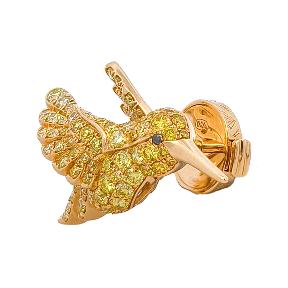 18KT Yellow Gold Aura Hummingbird Brooch with Yellow & Black Diamonds