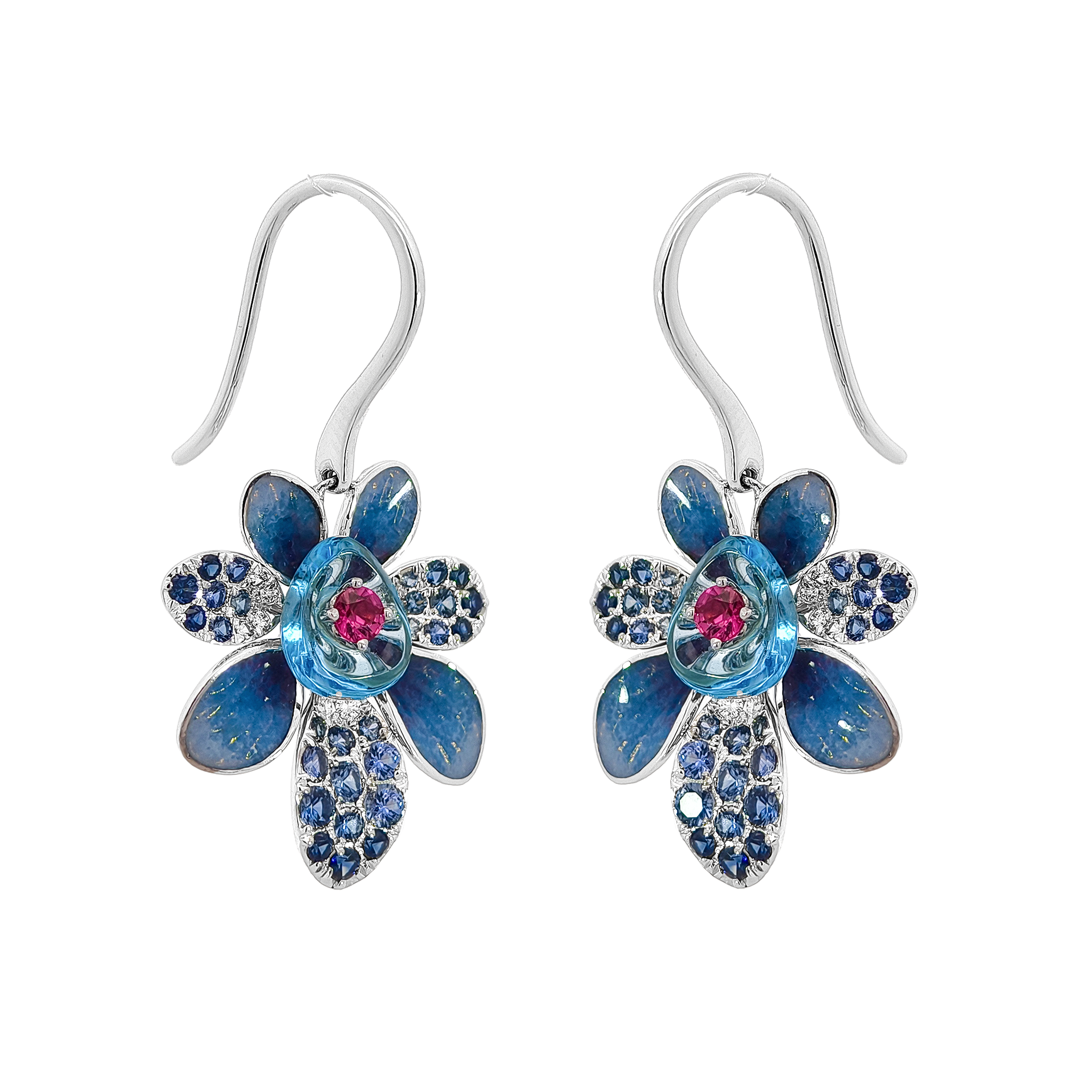18KT White Gold Ruby, Sapphire & Crystal Enamel Diamond Earrings
