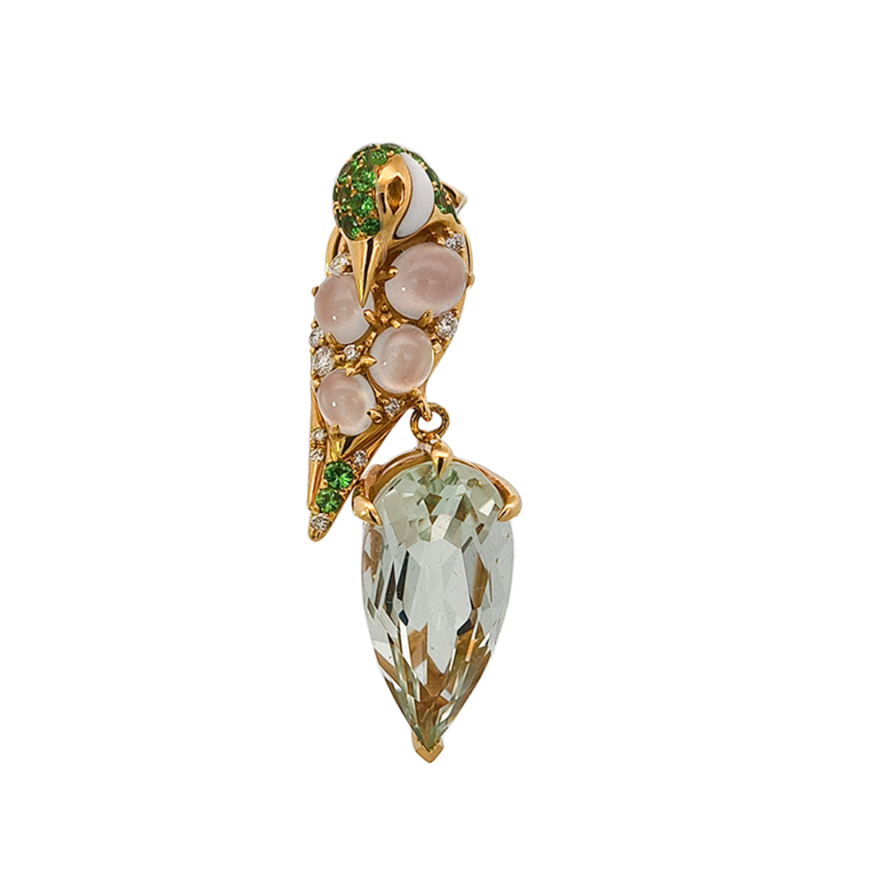 18KT Yellow Gold Blue Chalcedony, White Agate, Tsavorite, Yellow Sapphire & Diamond Brooch
