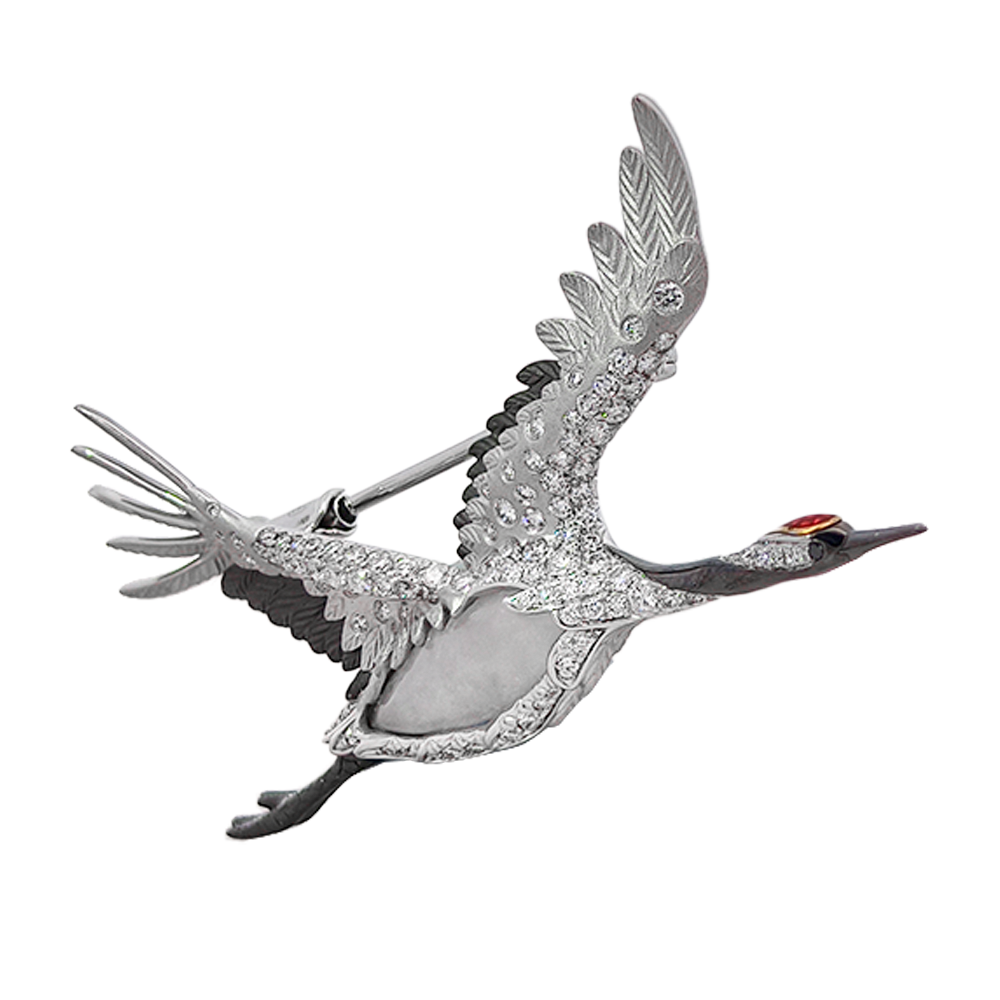 18K White & Rose Gold Grace Red-crowned Crane Brooch with Jade, Diamonds & Enamel