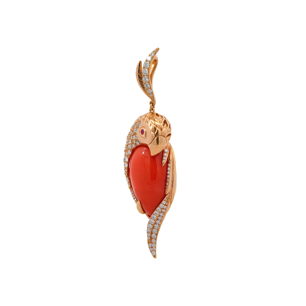 18KT Rose Gold Tropic Parrot Pendant with Red Coral, Ruby & Diamonds