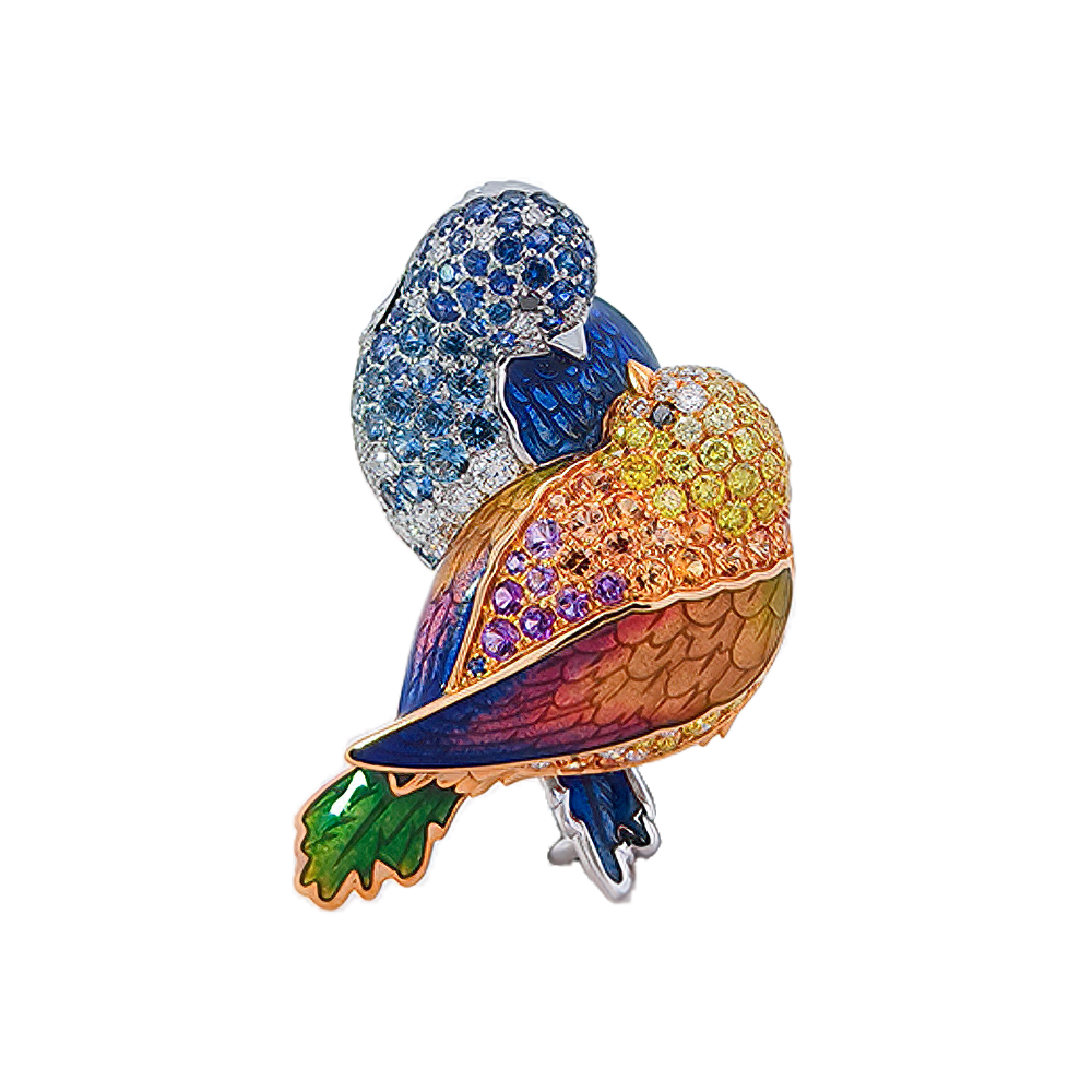 18K White & Rose Gold Duet Lovebirds Brooch with Amethysts, Sapphires, Diamonds & Enamel
