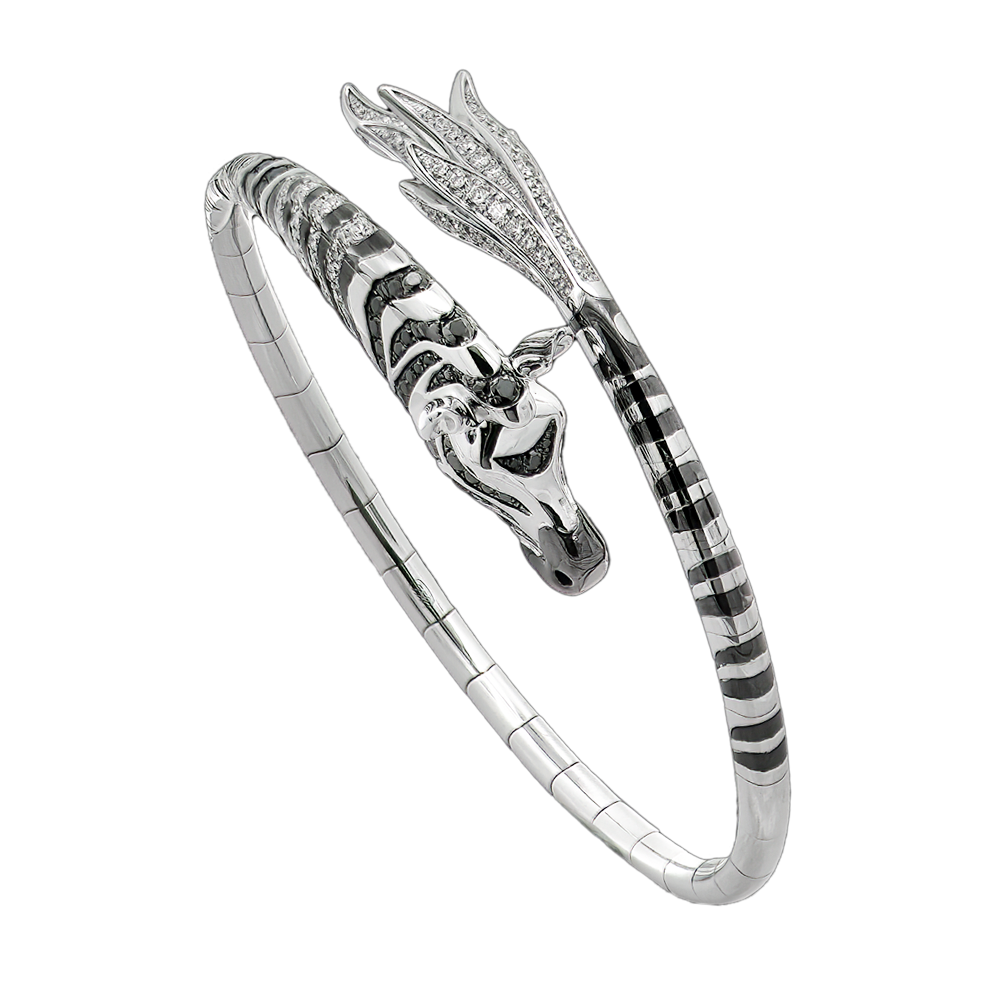 18KT White Gold Zebra Bangle with Tsavorite & Black/White Diamonds