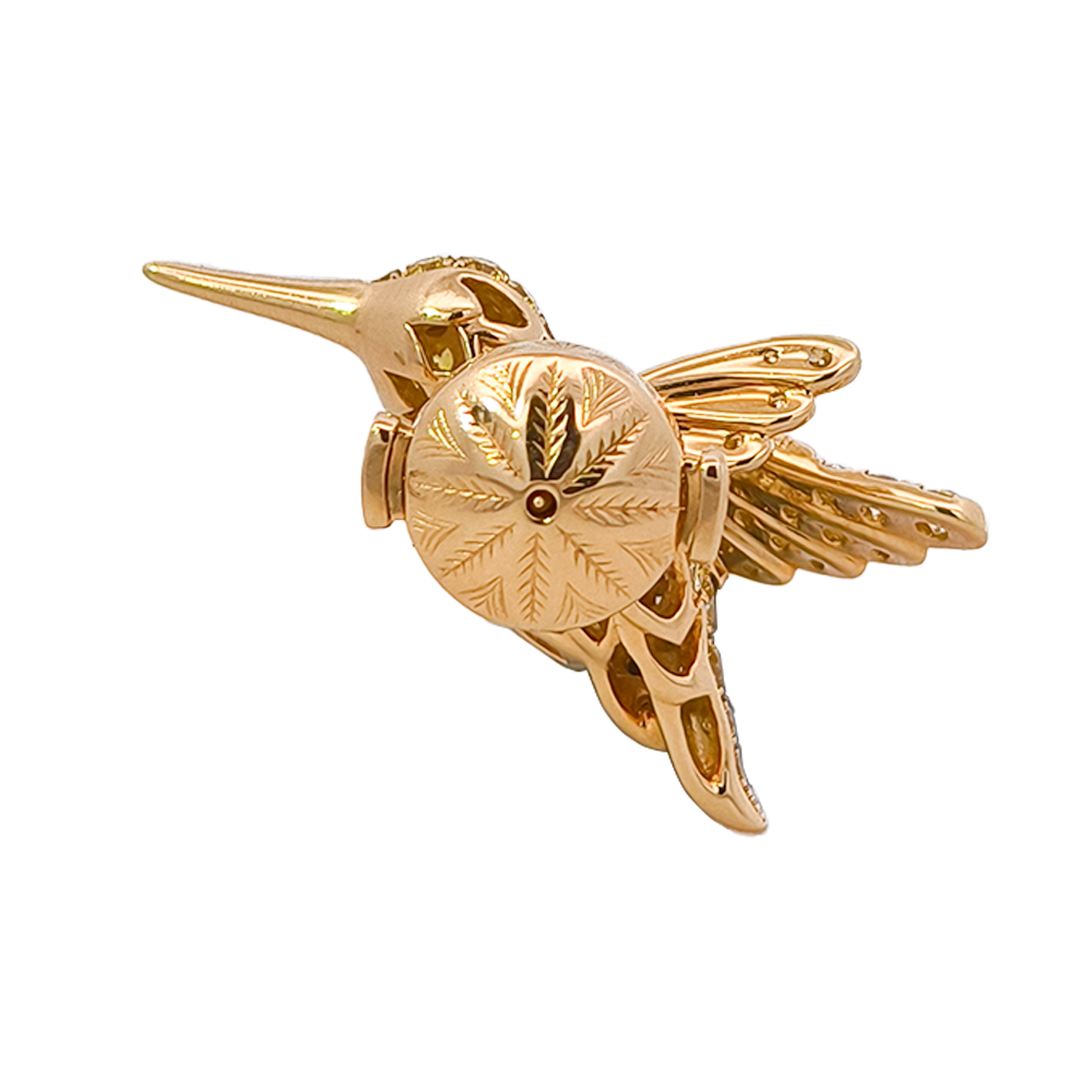 18KT Yellow Gold Aura Hummingbird Brooch with Yellow & Black Diamonds