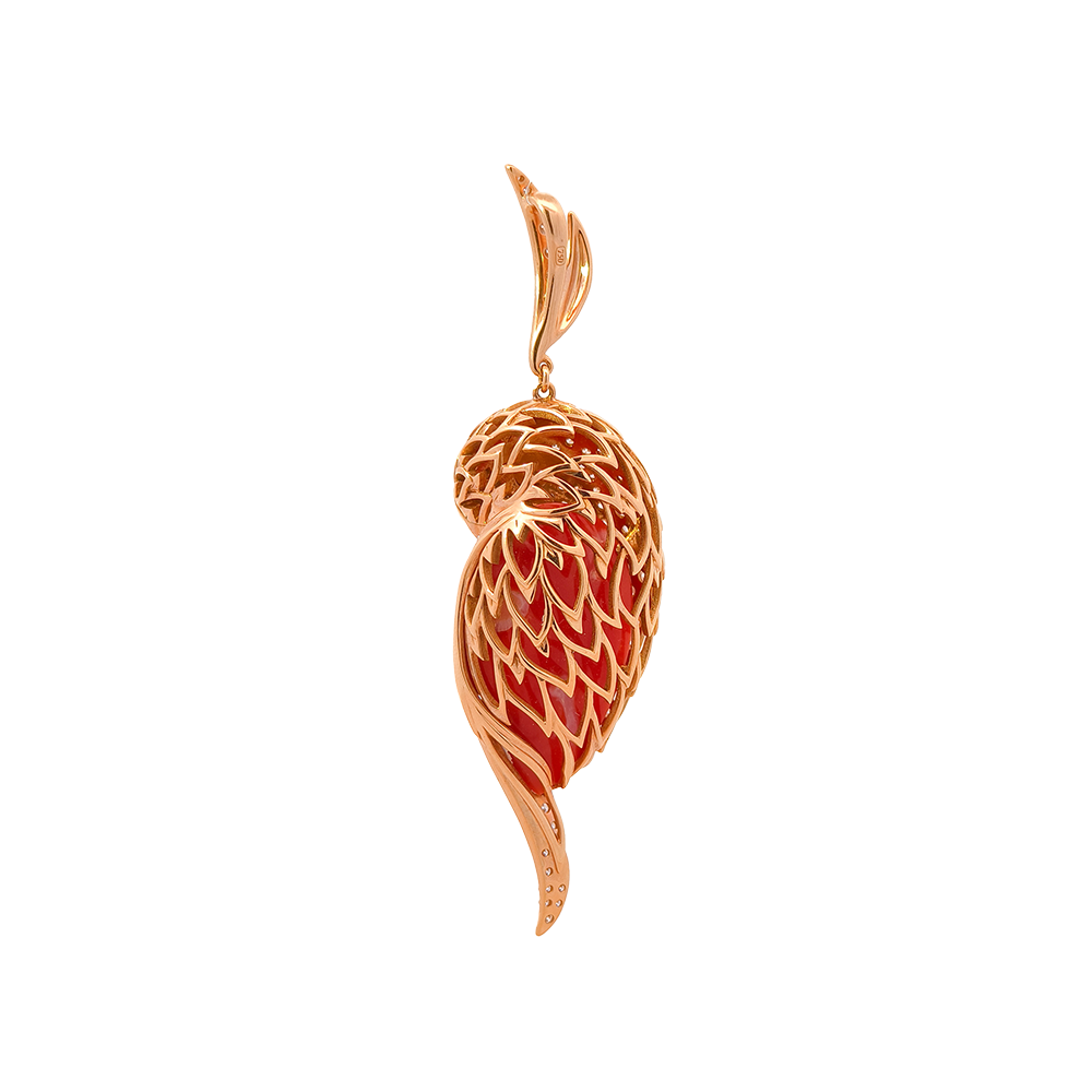 18KT Rose Gold Tropic Parrot Pendant with Red Coral, Ruby & Diamonds