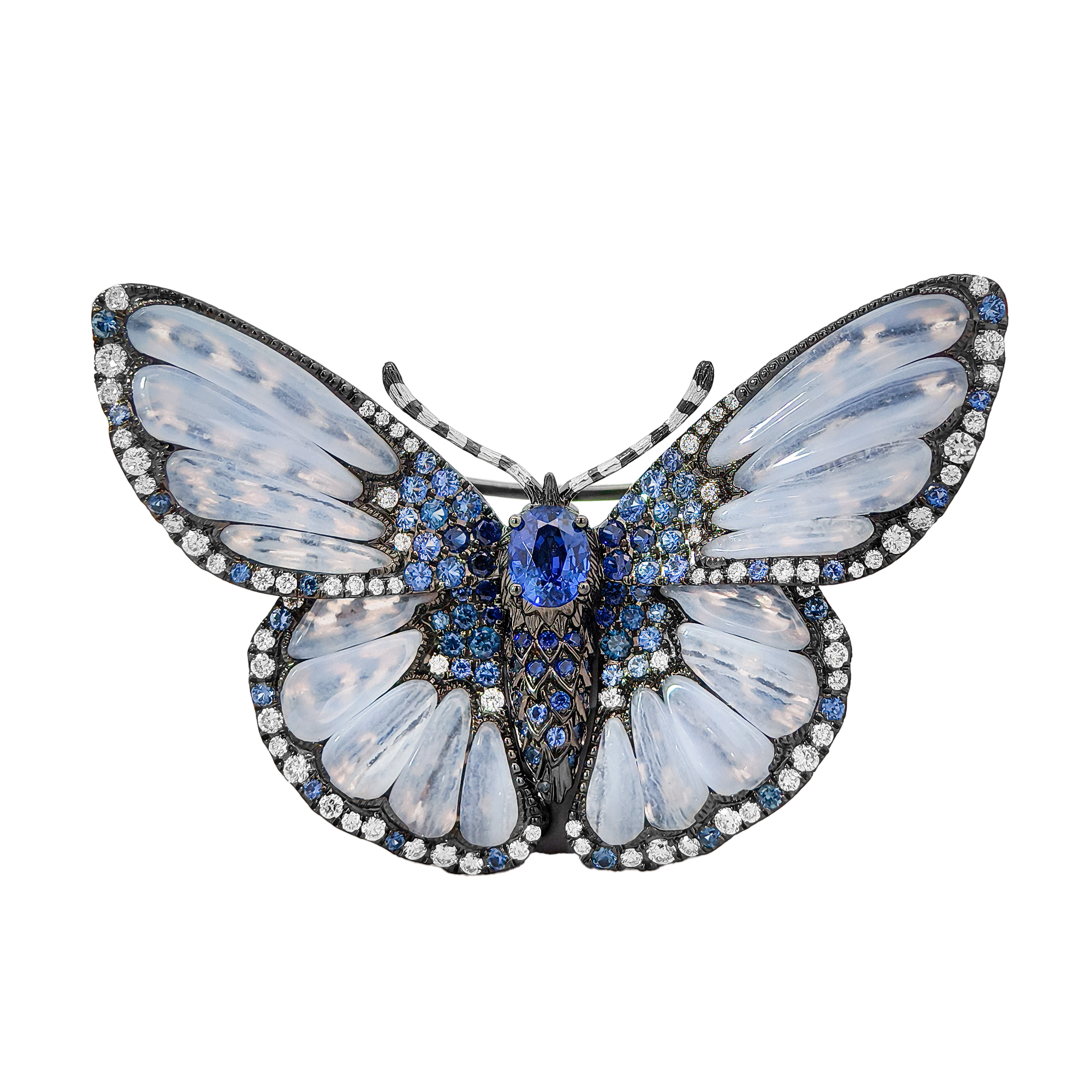18K White Gold Butterfly Brooch with Sapphires, Blue Chalcedony & Diamonds