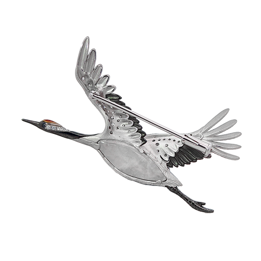 18K White & Rose Gold Grace Red-crowned Crane Brooch with Jade, Diamonds & Enamel