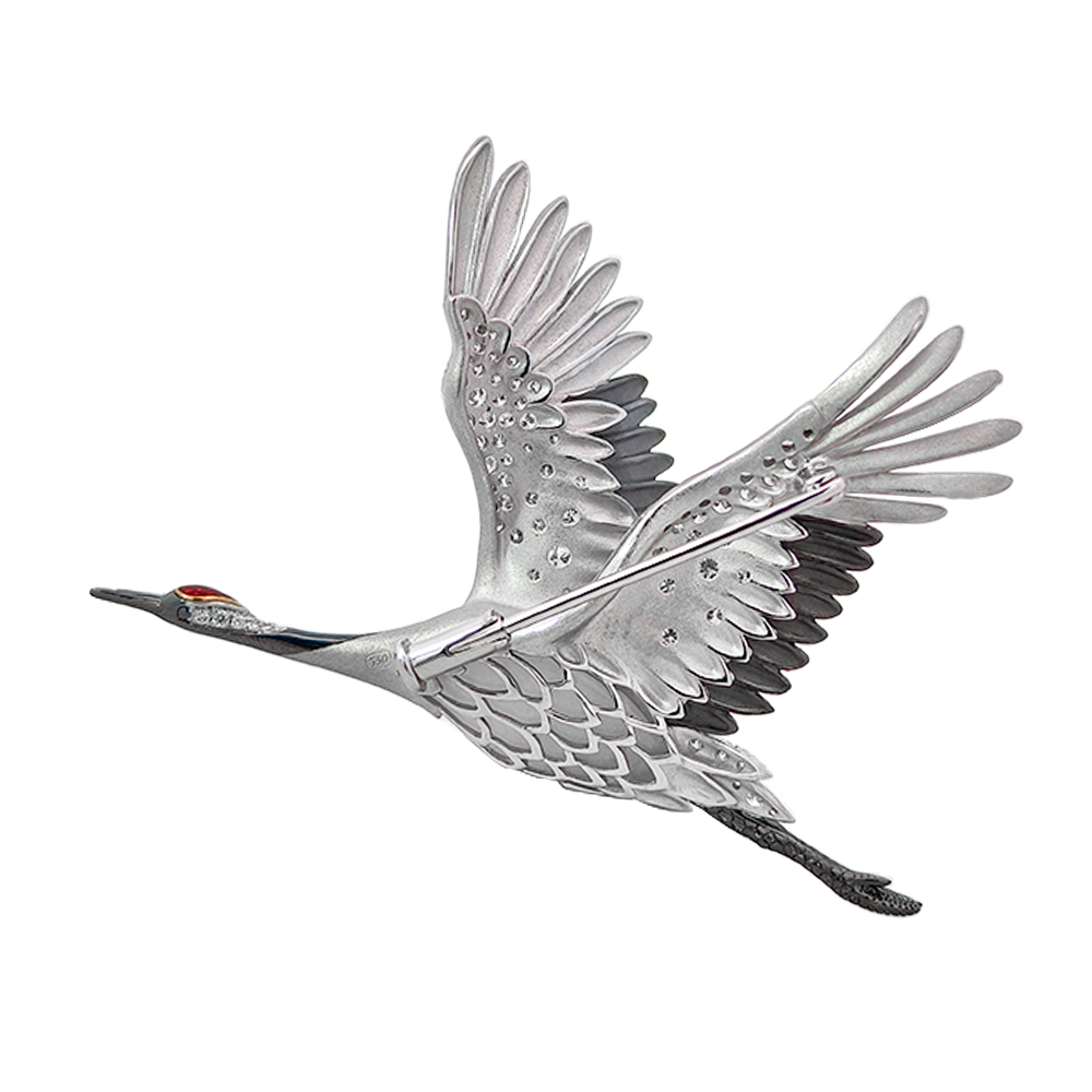 18K Gold Grace Red-crowned Crane Brooch with Jade, Diamonds & Enamel