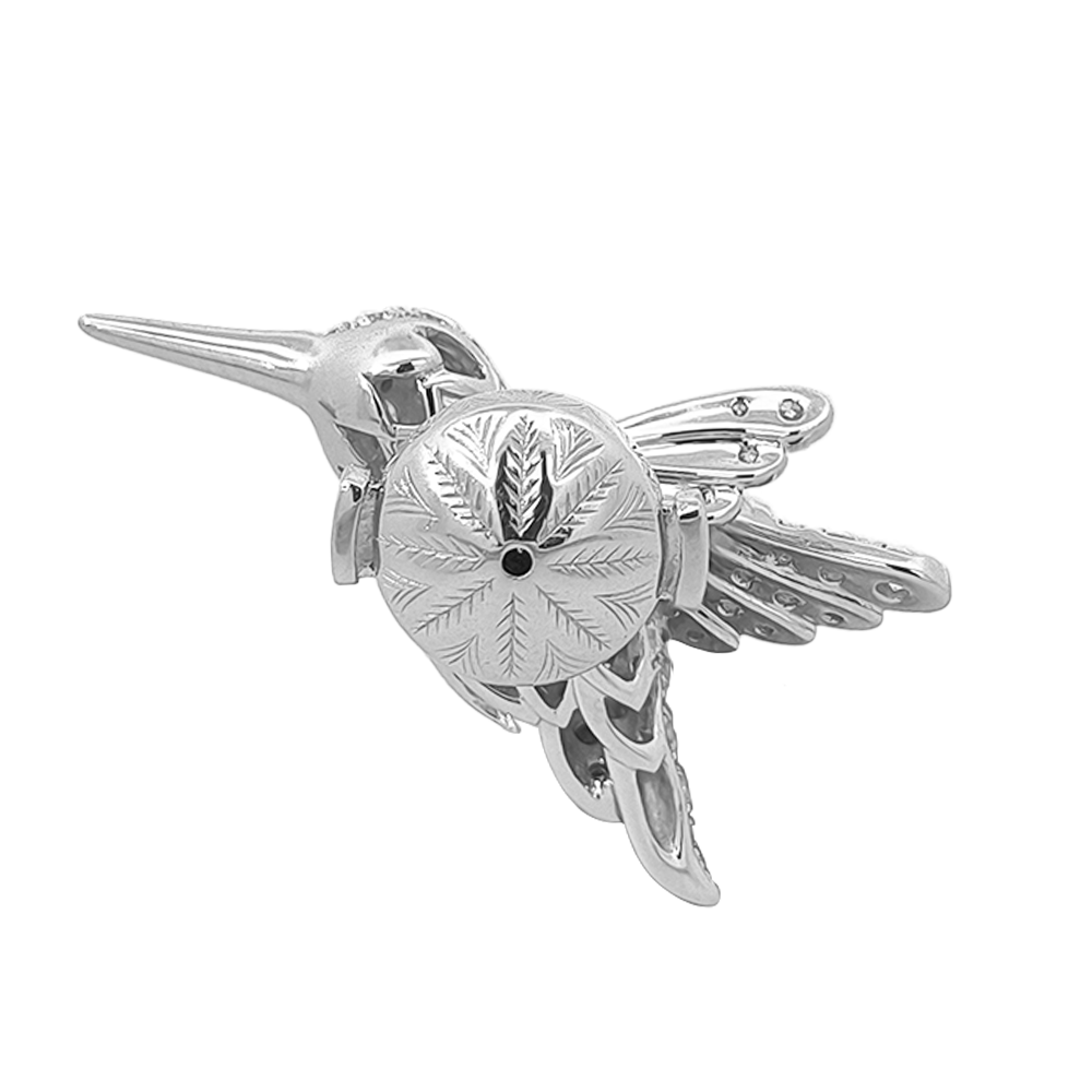 18KT White Gold Aura Hummingbird Brooch with Sapphires, Tsavorites & Diamonds