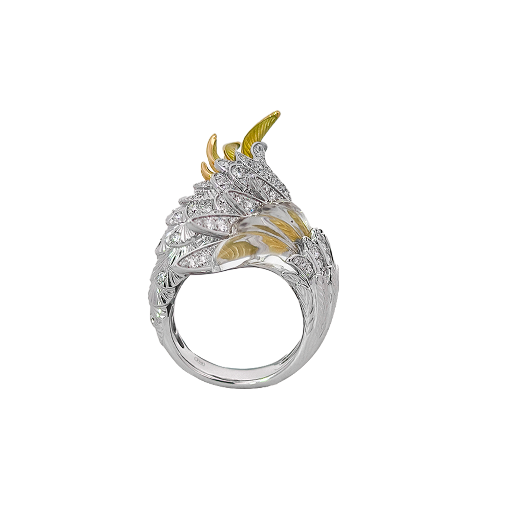 18KT White & Yellow Gold Tropic Parrot Ring with Enamel, Crystal & Diamonds
