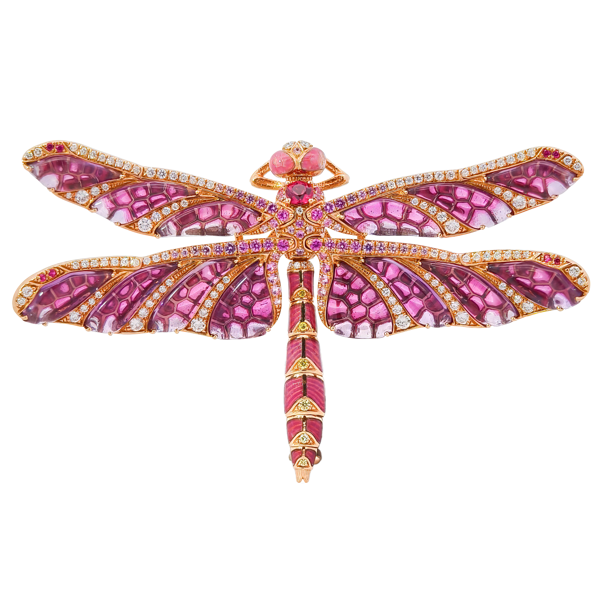 18K Rose Gold Dragonfly Brooch with Rubies, Pink Sapphires, Diamonds &amp; Enamel