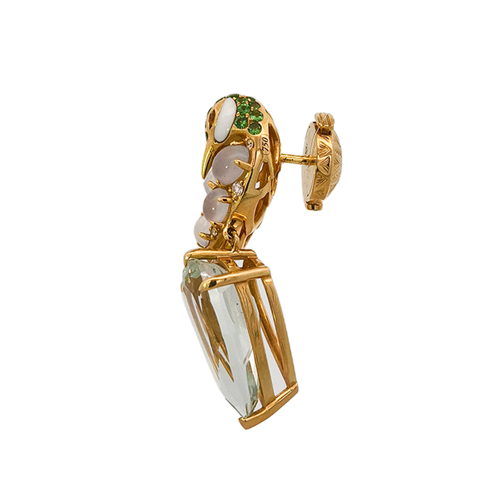 18KT Yellow Gold Blue Chalcedony, White Agate, Tsavorite, Yellow Sapphire & Diamond Brooch