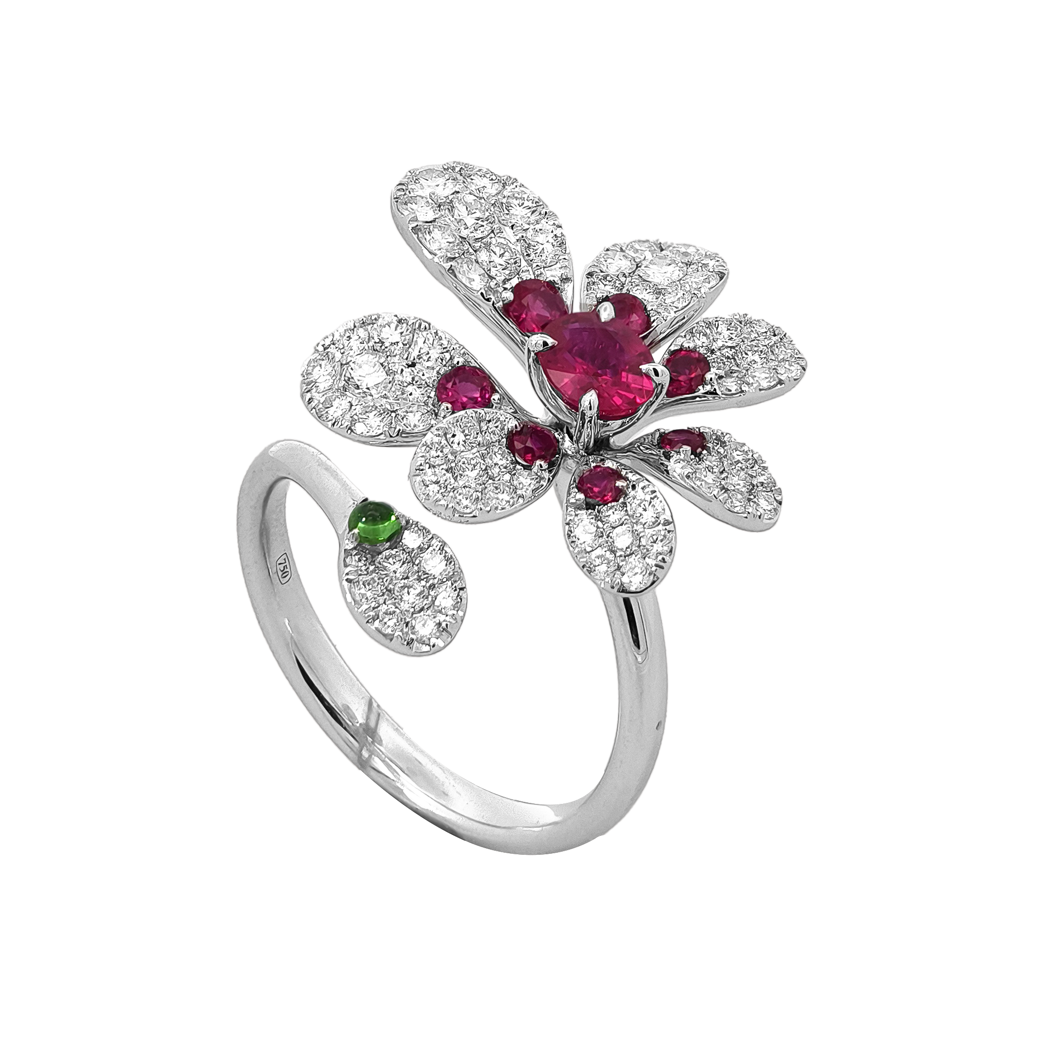 18KT White Gold Ruby, Tsavorite & Diamond Ring