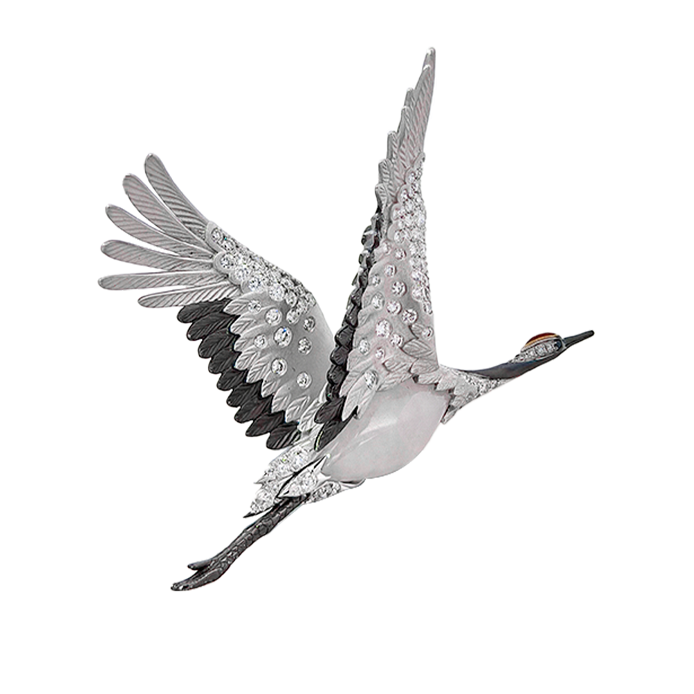 18K Gold Grace Red-crowned Crane Brooch with Jade, Diamonds & Enamel