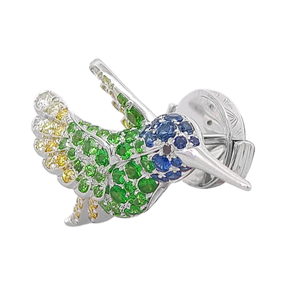 18KT White Gold Aura Hummingbird Brooch with Sapphires, Tsavorites & Diamonds