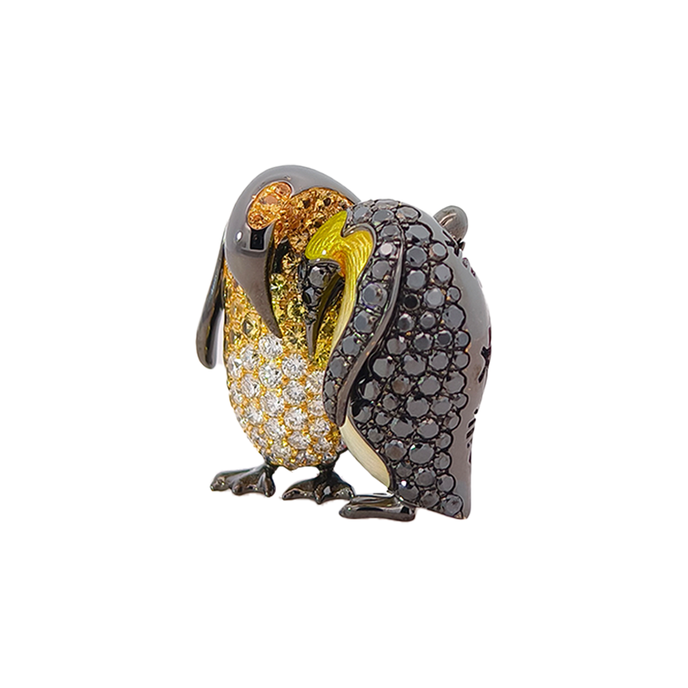 18KT Yellow Gold Duet Lovebirds Brooch with Yellow Sapphires, Diamonds & Enamel