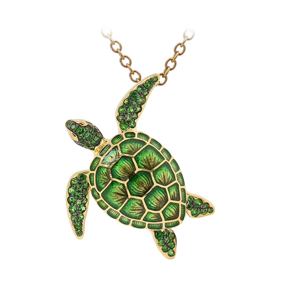 18KT Yellow Gold with Enamel, Tsavorite & Yellow Diamond Turtle Brooch / Pendant
