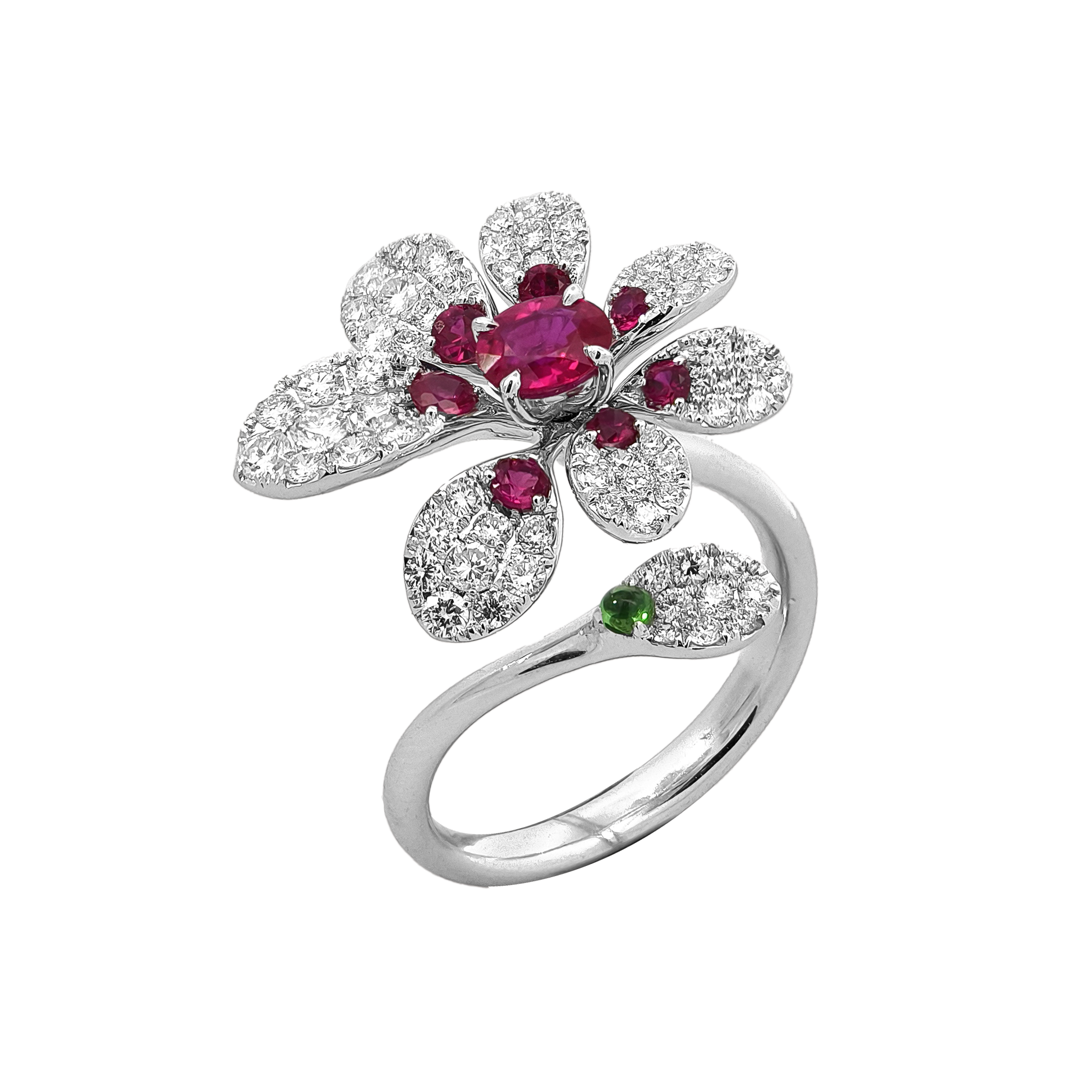 18KT White Gold Ruby, Tsavorite & Diamond Ring