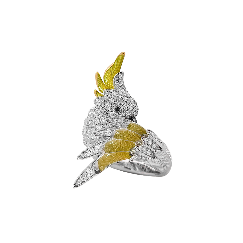 18KT White & Yellow Gold Tropic Parrot Ring with Enamel, Crystal & Diamonds