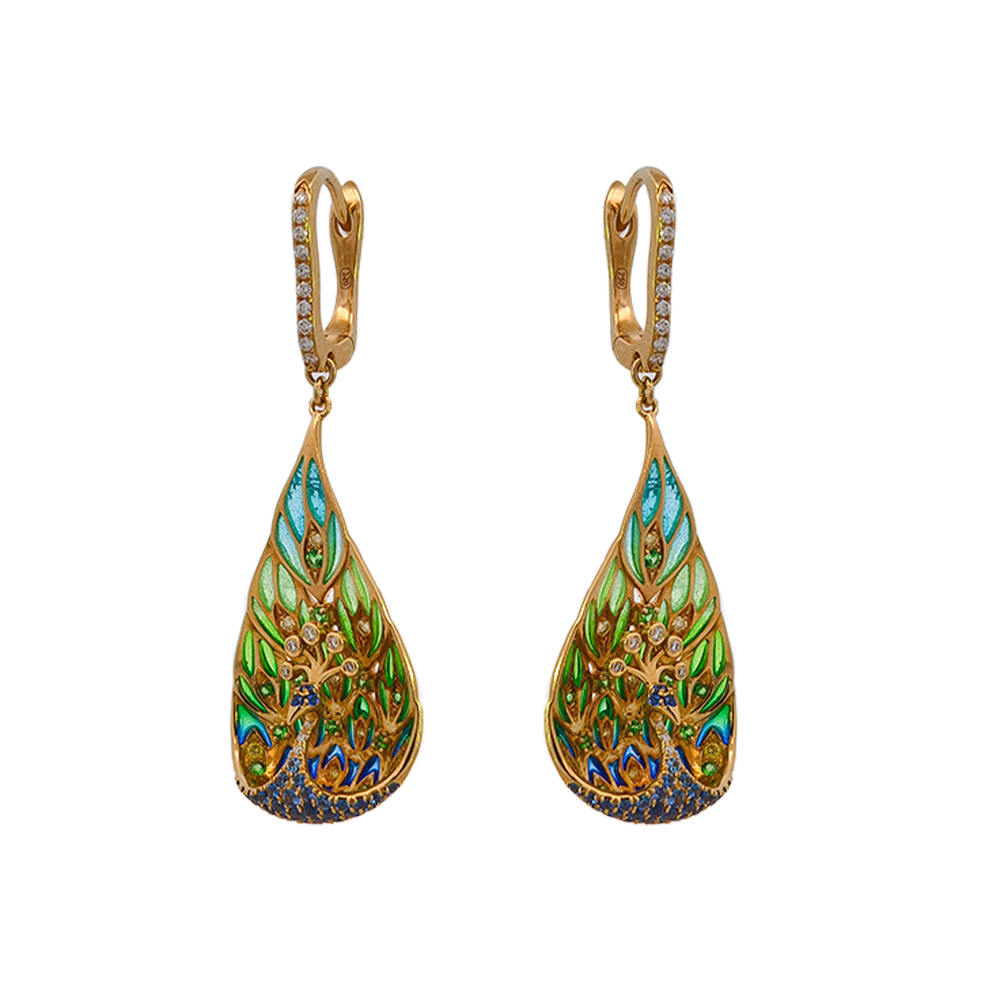 18KT Yellow Gold Enamel, Sapphire, Tsavorite & Diamond Earrings