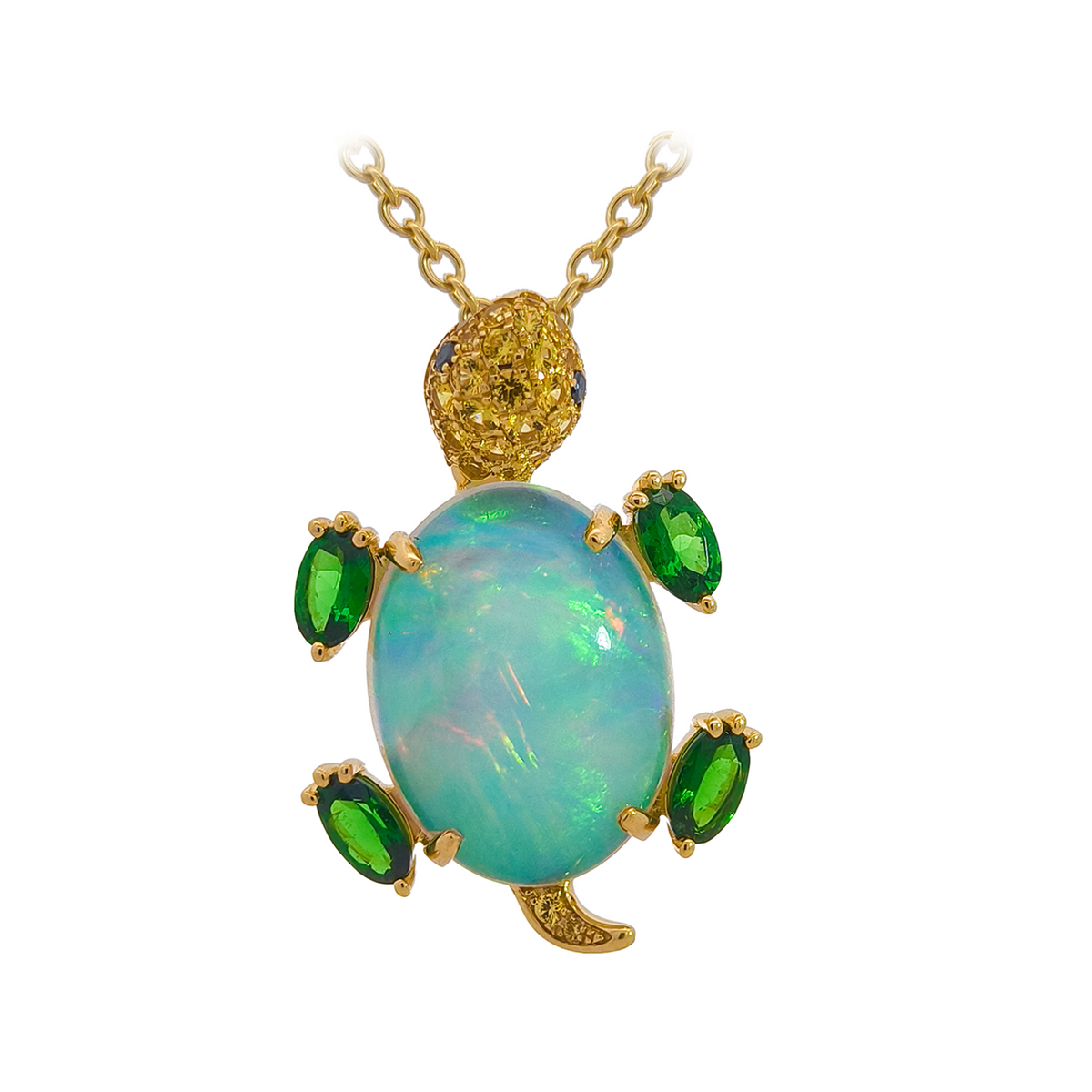 18KT Yellow Gold with Opal, Tsavorite, Sapphire & Diamond Turtle Brooch / Pendant