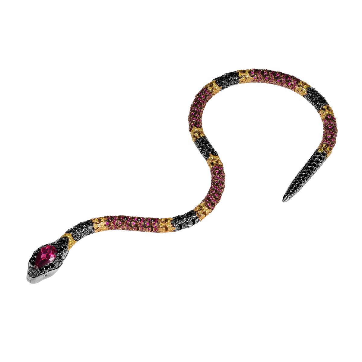 18KT Yellow Gold with Black Rhodium & Brown Rhodium , Ruby & Diamond Snake Bracelet