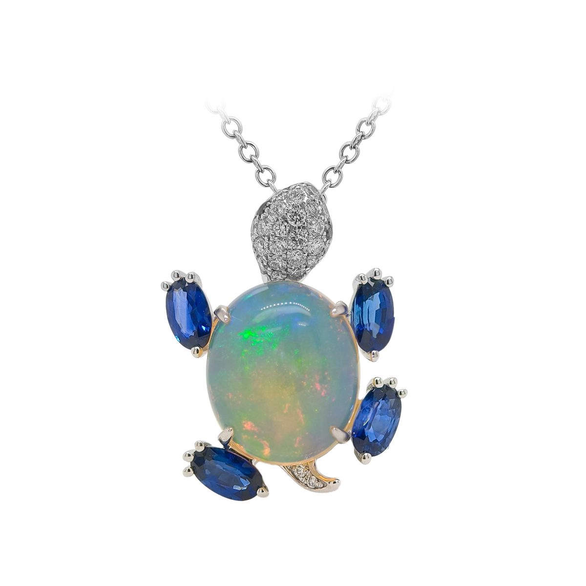 18KT White Gold with Opal, Sapphire & Diamond Turtle Brooch / Pendant