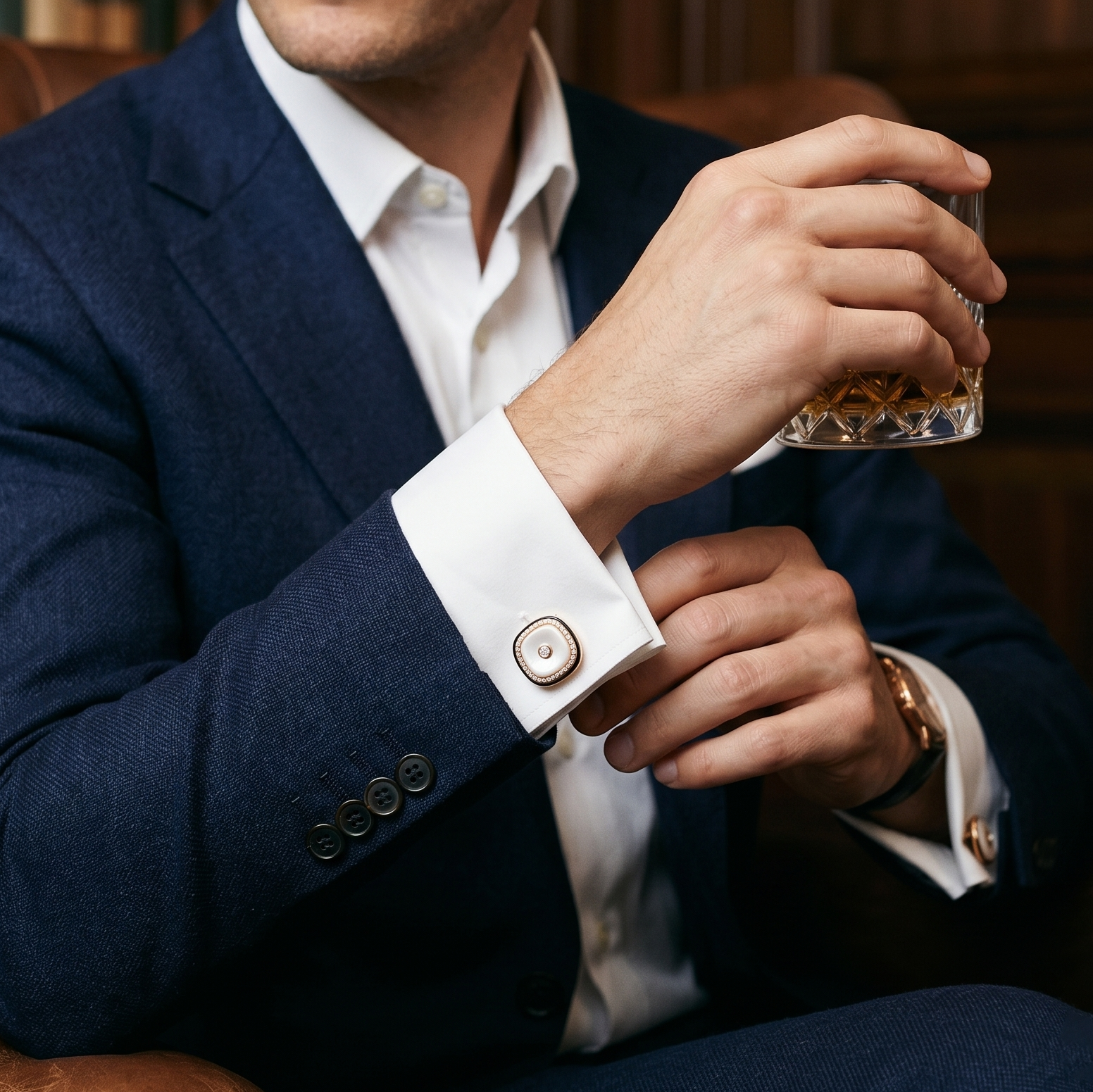 18KT Rose Gold White Agate & Diamond Cufflinks