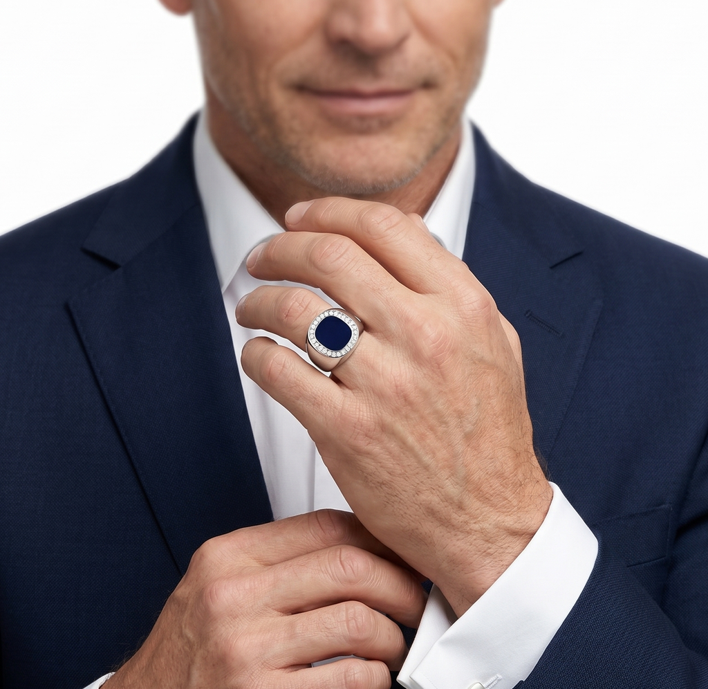 18KT White Gold Lapis& Diamond Ring
