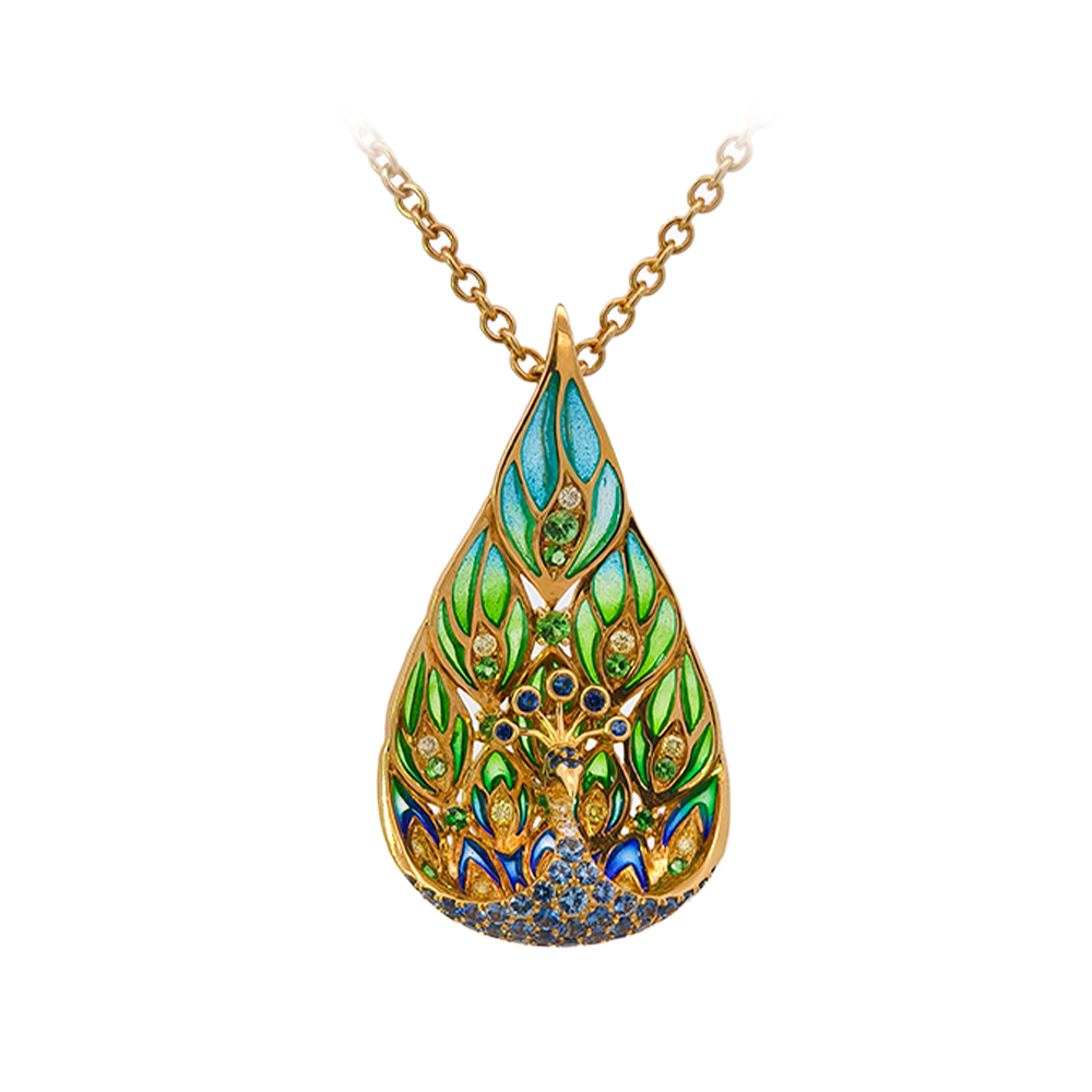 18KT Yellow Gold Enamel, Sapphire, Tsavorite & Diamond Pendant
