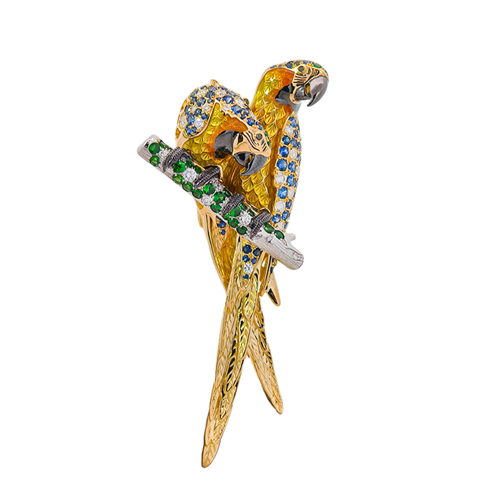 18K White & Yellow Gold Duet Parrots Brooch with Sapphires, Tsavorites, Diamonds & Enamel