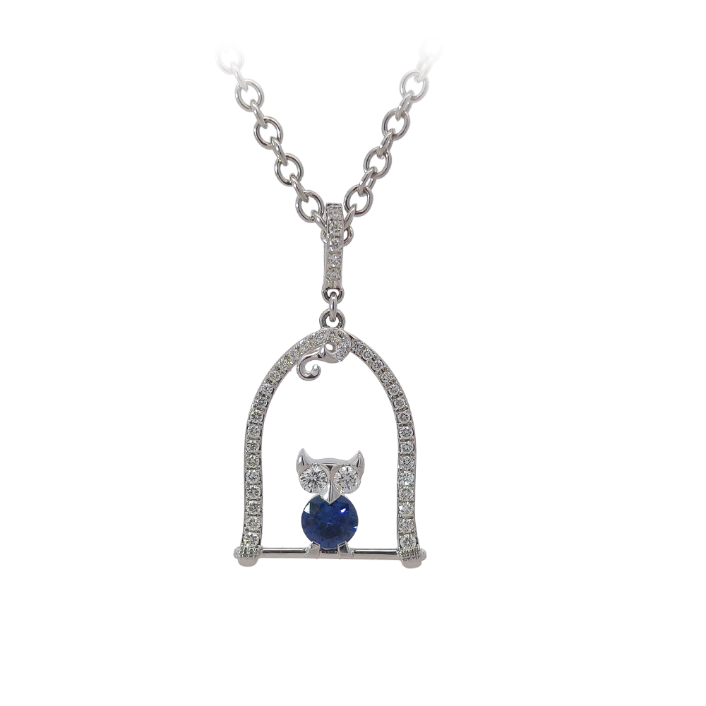 18KT White Gold Nestle Bird-in-Nest Pendant with Sapphire & Diamonds