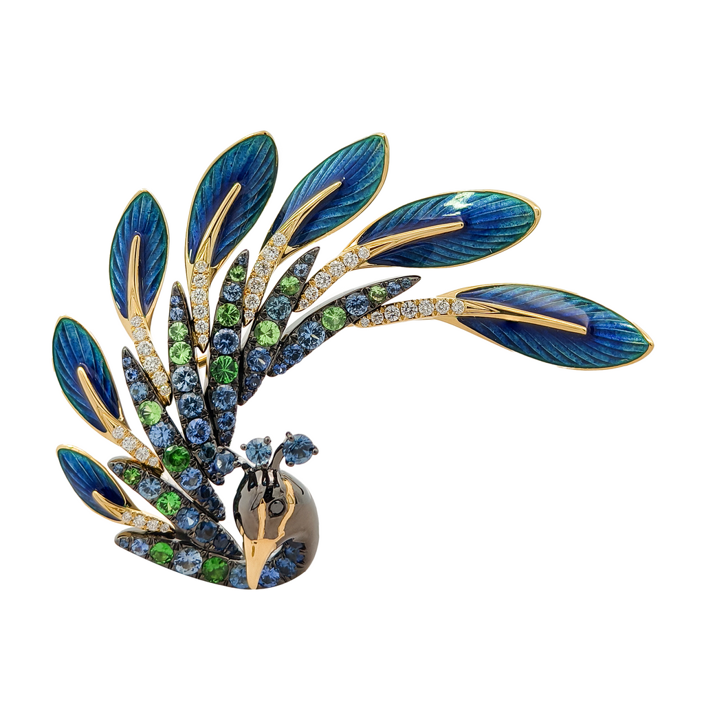 18K Yellow Gold & Black Rhodium,  Enamel, Color Precious Stone & Diamond Brooch