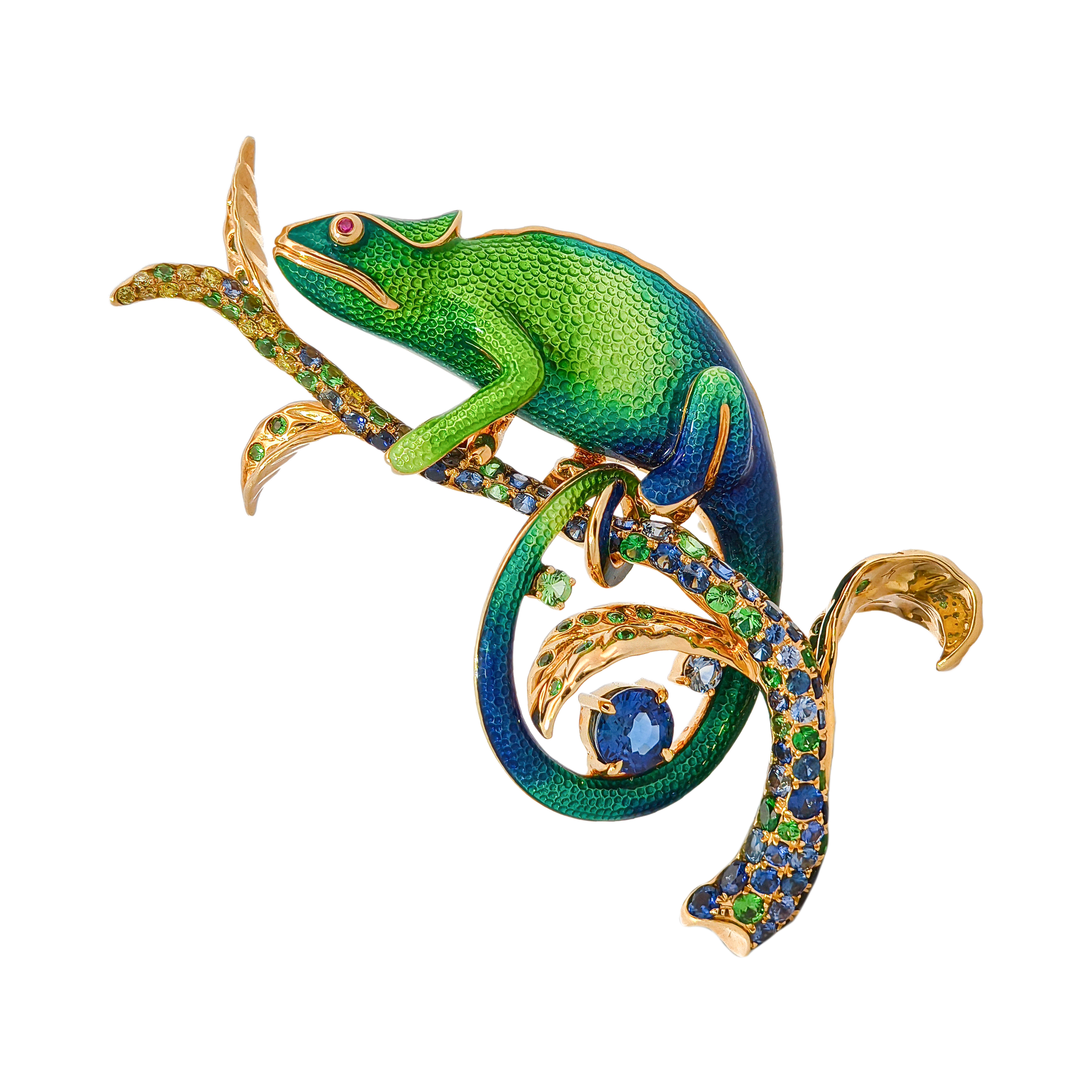 18K Yellow Gold Chameleon Brooch with Enamel, Sapphire, Ruby & Tsavorite