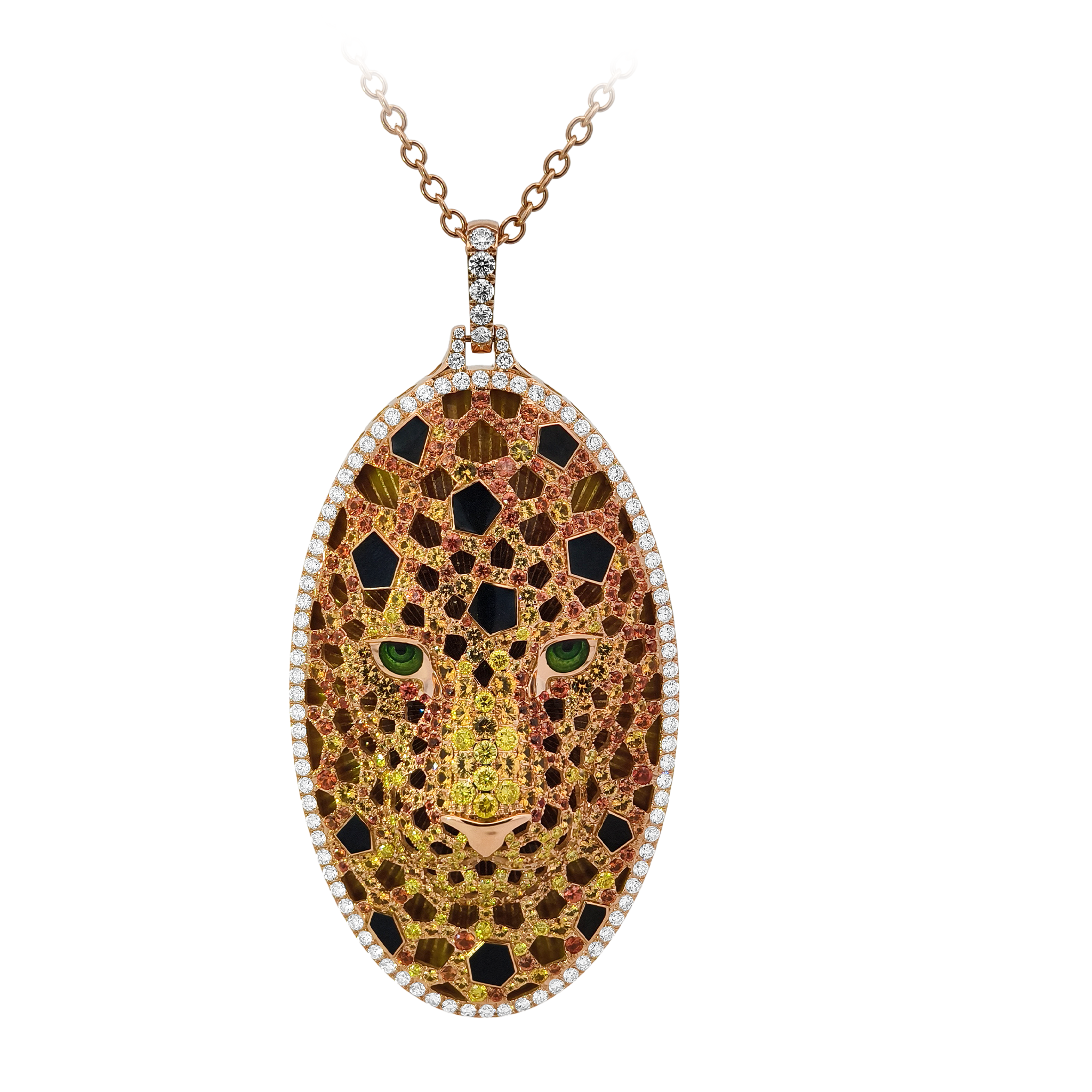 18KT Rose Gold & Sterling Silver Enamel, Tsavorite & Diamond Leopard Pendant