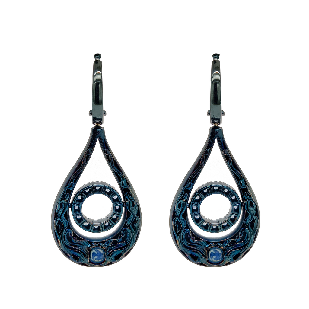 18KT Yellow Gold with  Blue Enamel, Sapphire Earrings