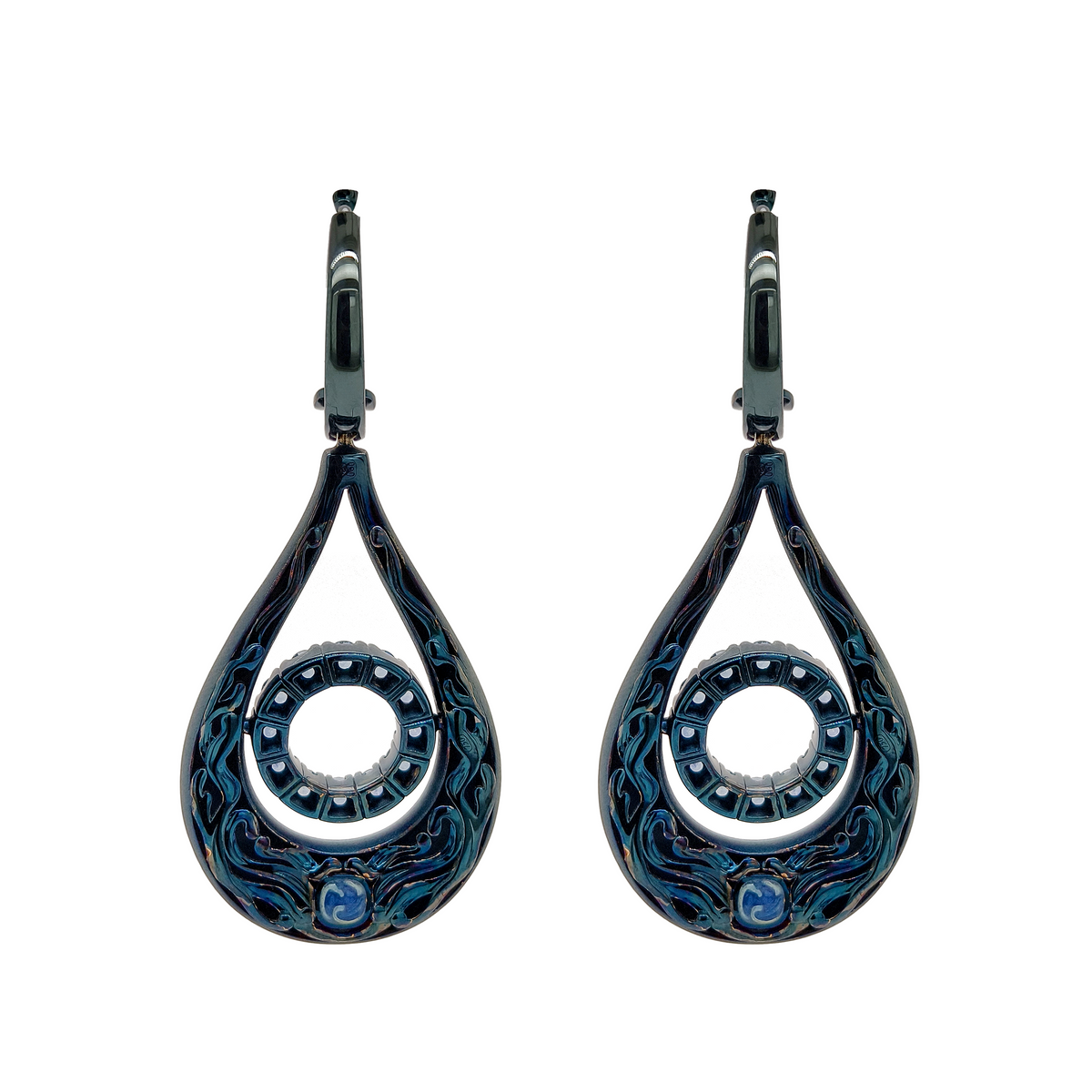 18KT Yellow Gold with  Blue Enamel, Sapphire Earrings