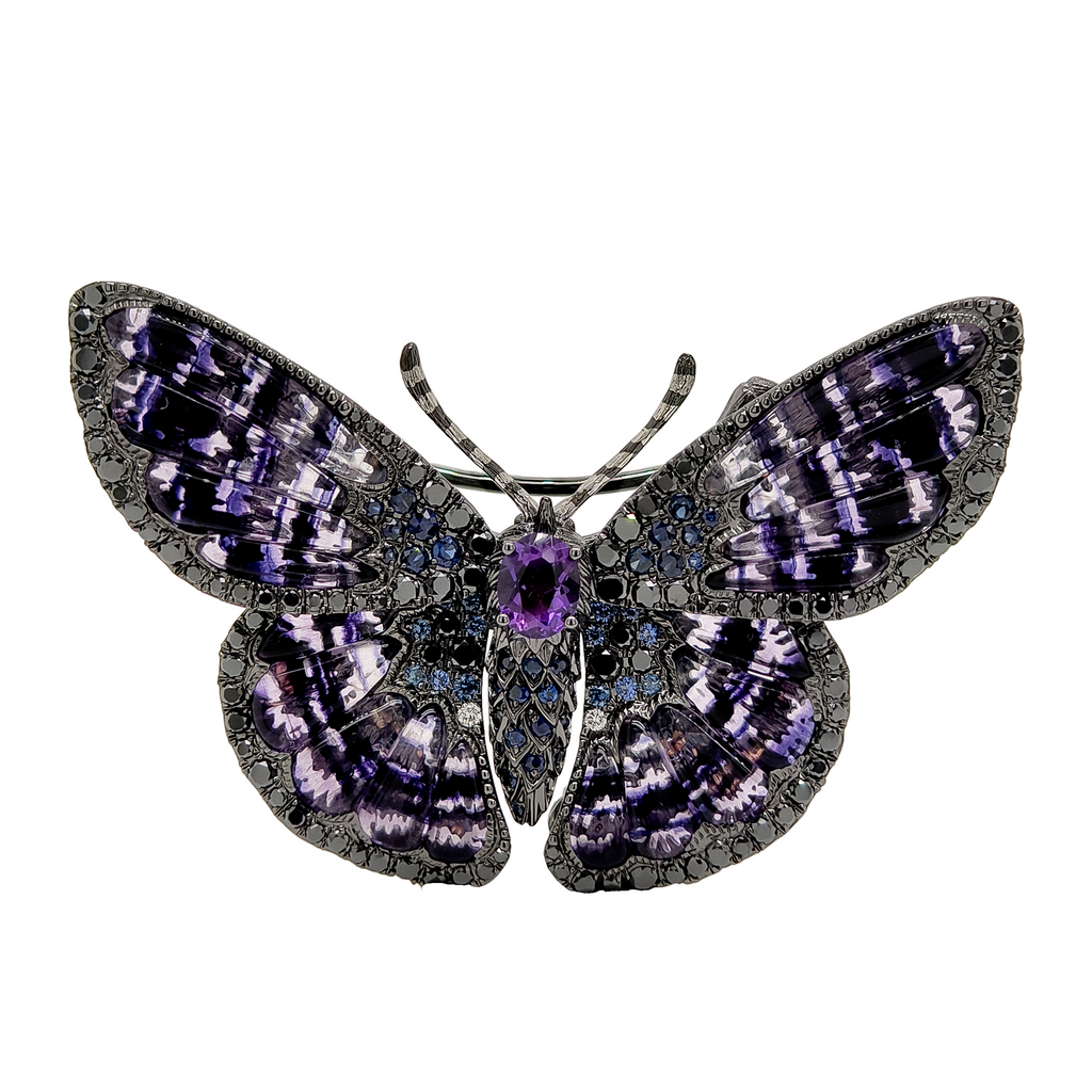 18KT Yellow Gold Amethyst, Sapphire & Diamond Butterfly Brooch
