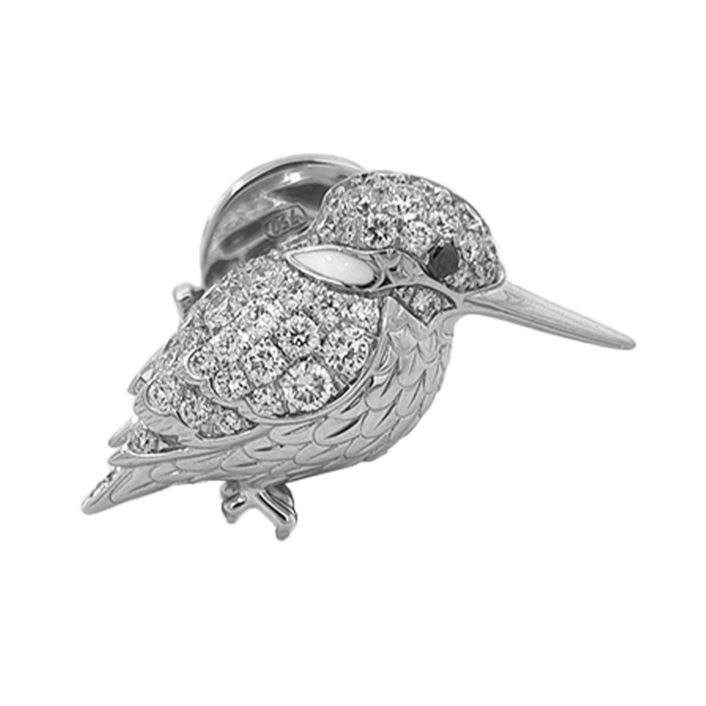 18KT White Gold Breeze Kingfisher Brooch with Diamonds & Enamel