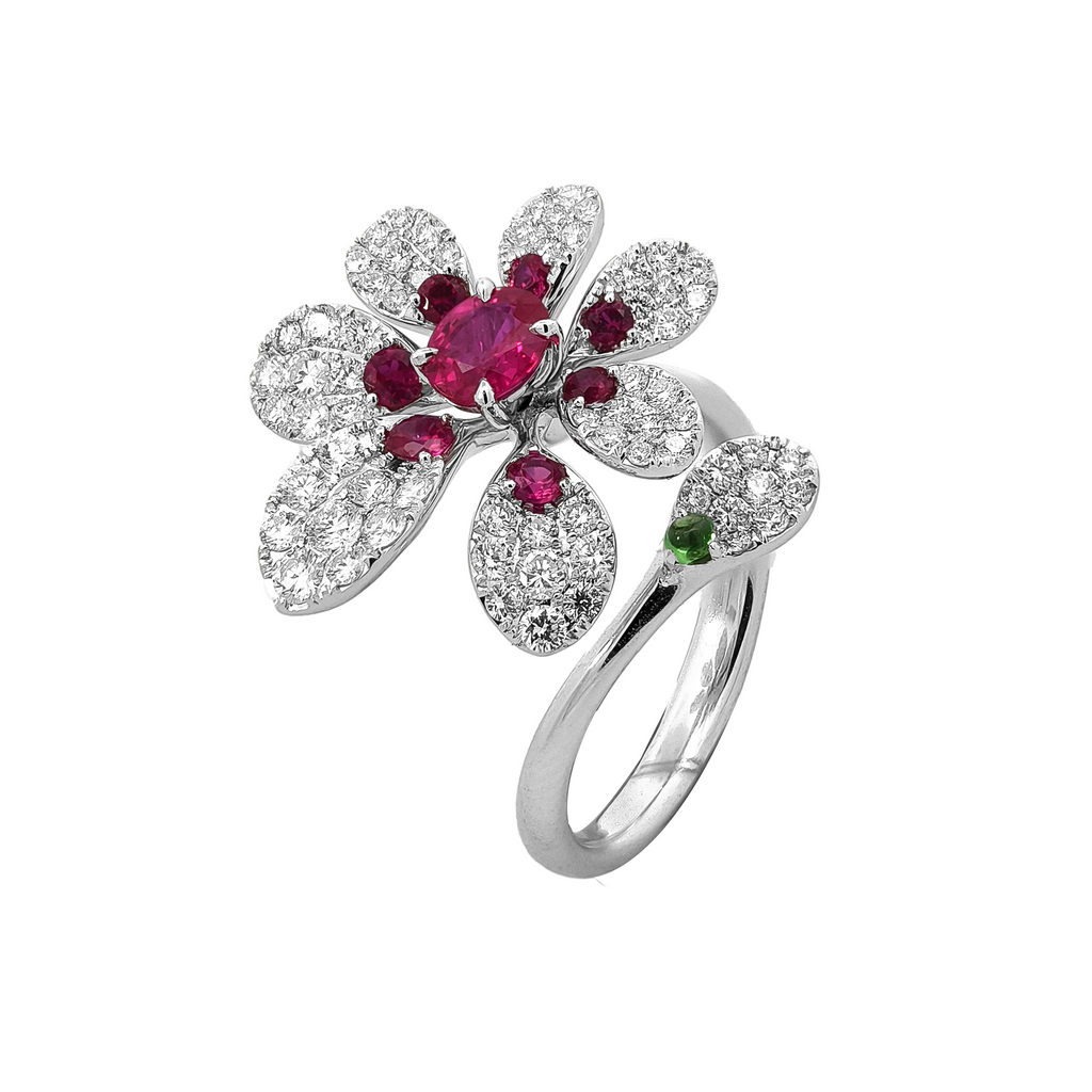18KT White Gold Ruby, Tsavorite & Diamond Ring