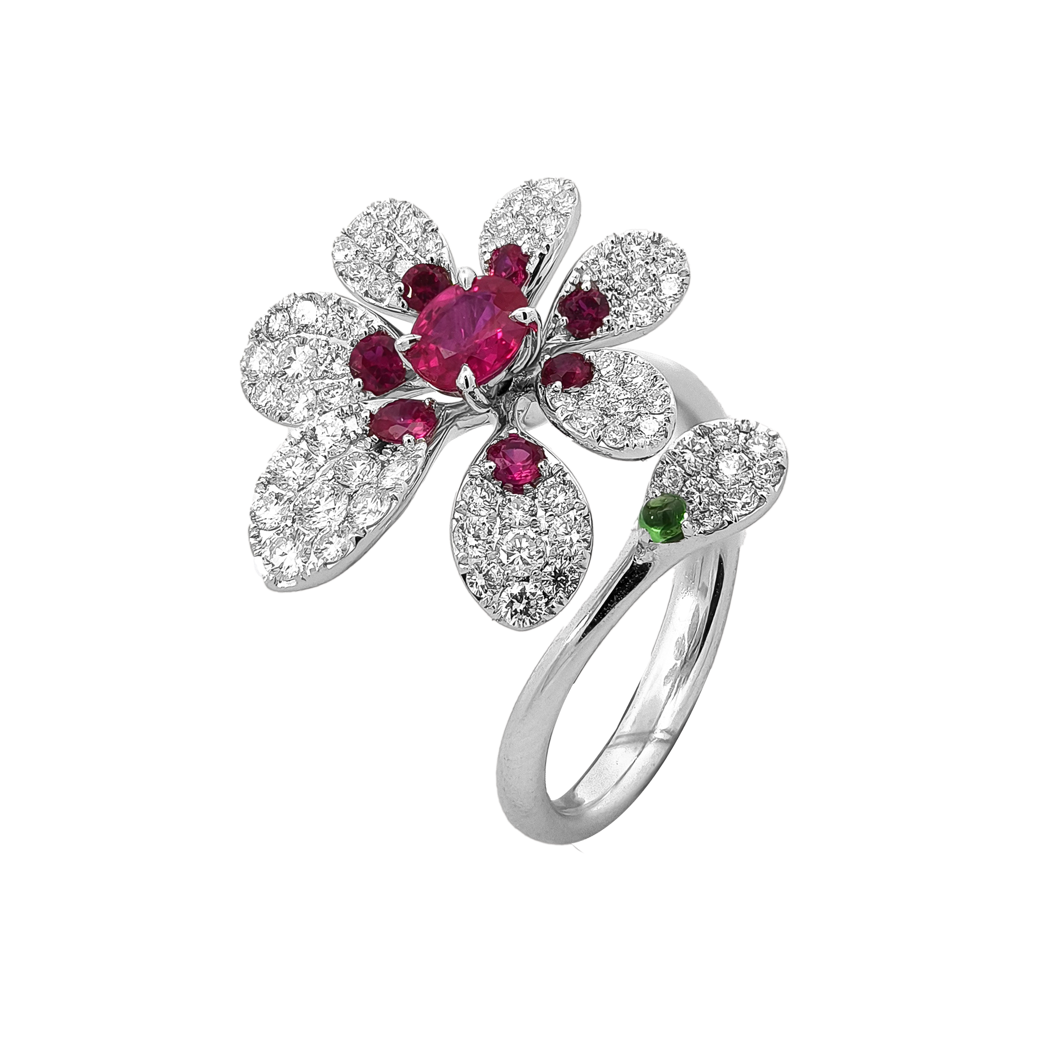 18KT White Gold Ruby, Tsavorite & Diamond Ring