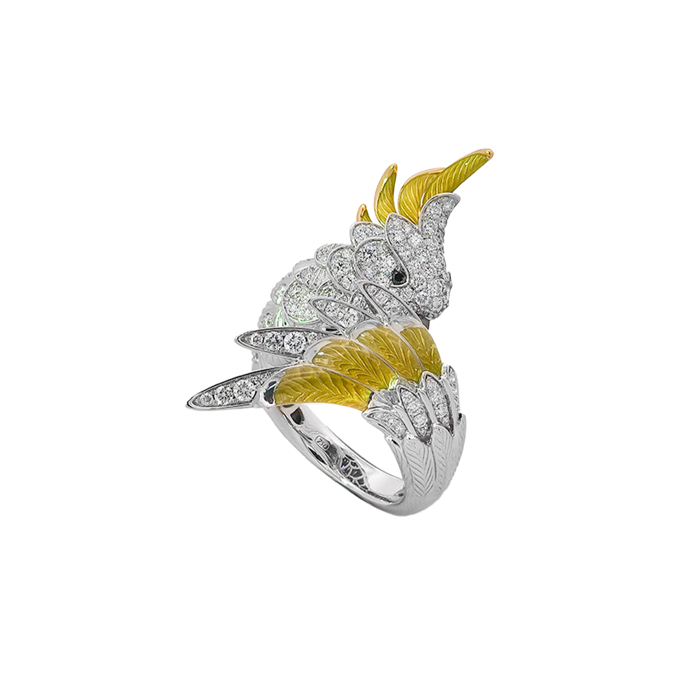 18KT White & Yellow Gold Tropic Parrot Ring with Enamel, Crystal & Diamonds
