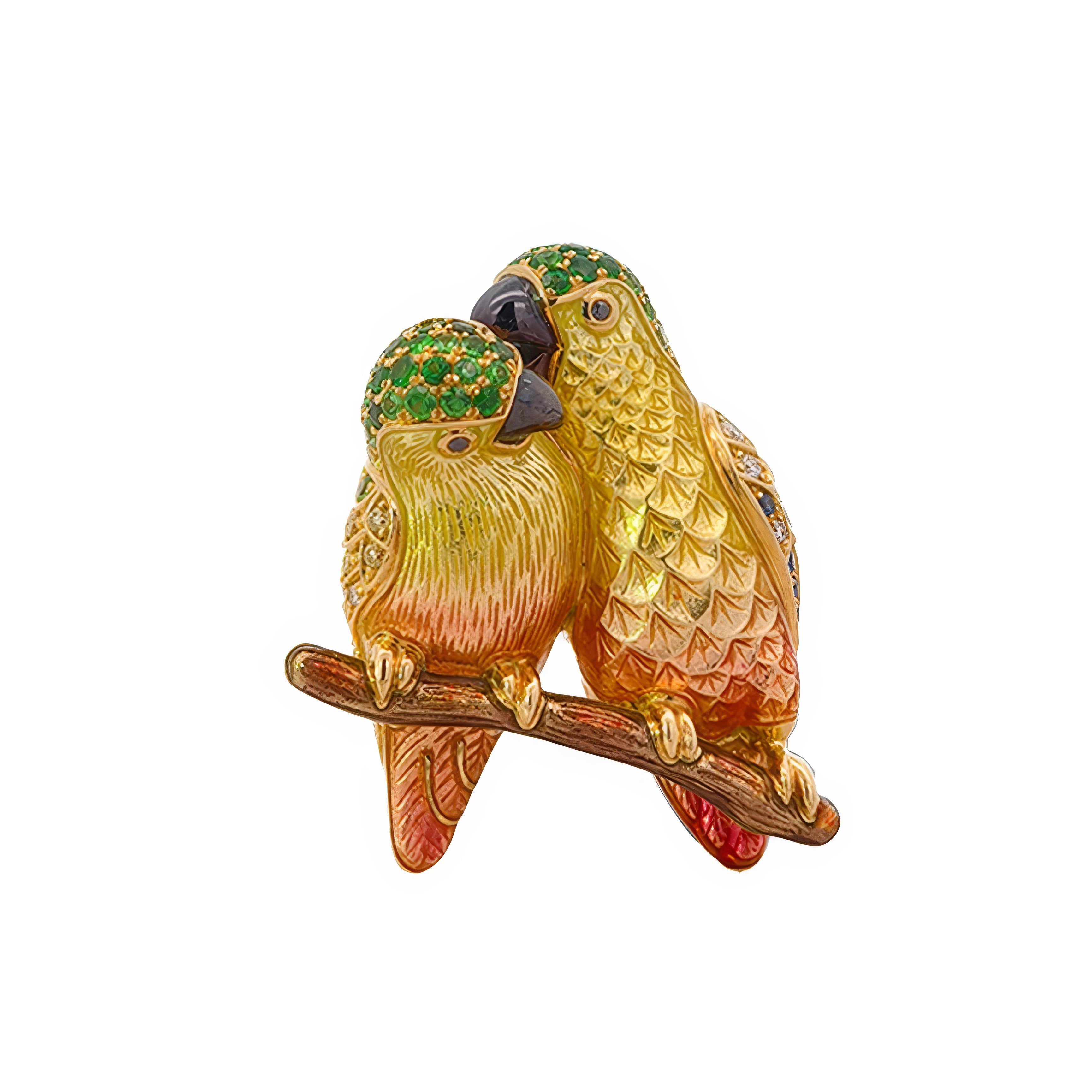 18KT Yellow Gold Duet Parrots Brooch with Sapphires, Tsavorites, Diamonds & Enamel