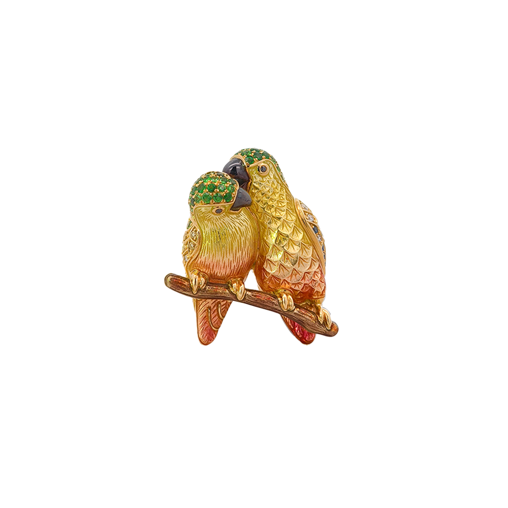 18KT Yellow Gold Duet Parrots Brooch with Sapphires, Tsavorites, Diamonds & Enamel