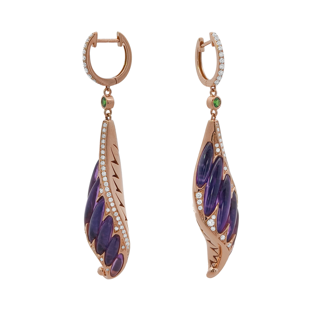 18KT Rose Gold Amethyst, Tsavorite, Enamel & Diamond Earrings