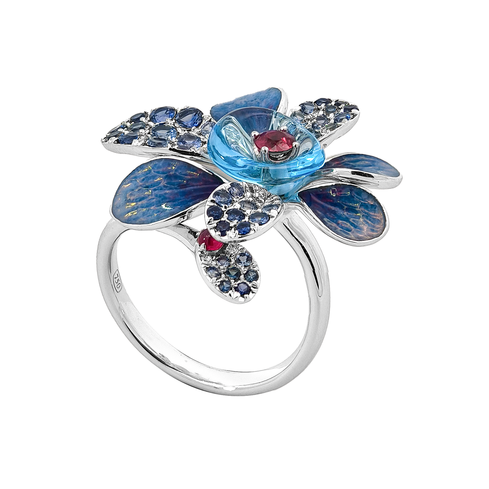 18KT White Gold Ruby, Sapphire & Crystal Enamel Diamond Ring
