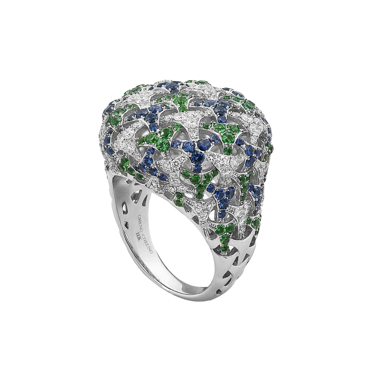 18KT White Gold Tsavorite & Sapphire & Diamond Ring