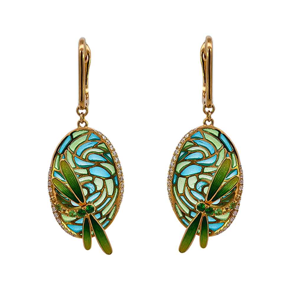 18KT Yellow Gold Enamel, Yellow Sapphire, Tsavorite & Diamond Earrings