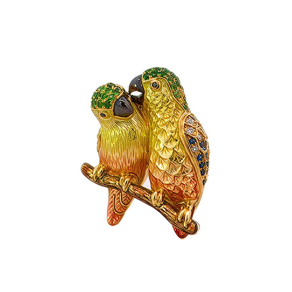 18KT Yellow Gold Duet Parrots Brooch with Sapphires, Tsavorites, Diamonds & Enamel