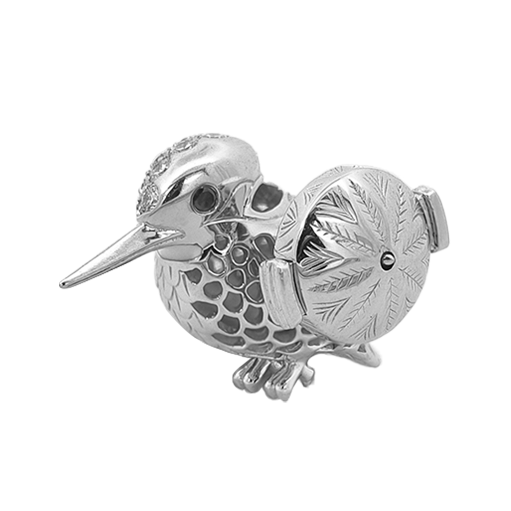 18KT White Gold Breeze Kingfisher Brooch with Diamonds & Enamel